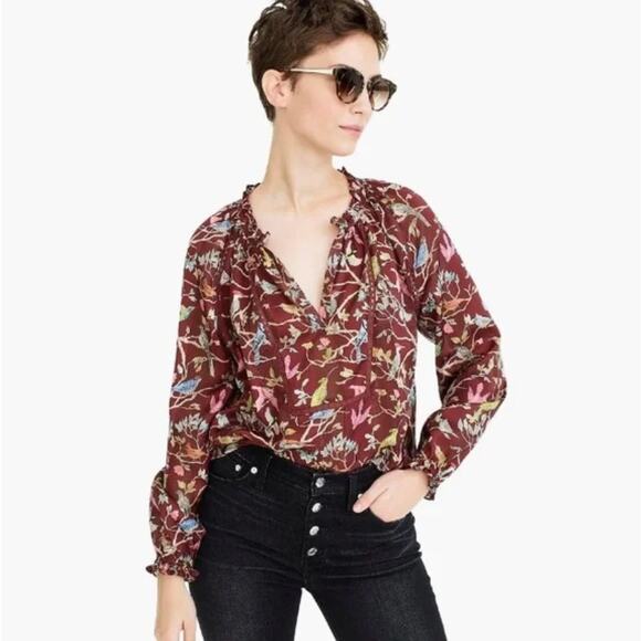 J. Crew X Point Sur Womens Blouse Menagerie Ruffle Popover Bird Print Red XS - Picture 1 of 8